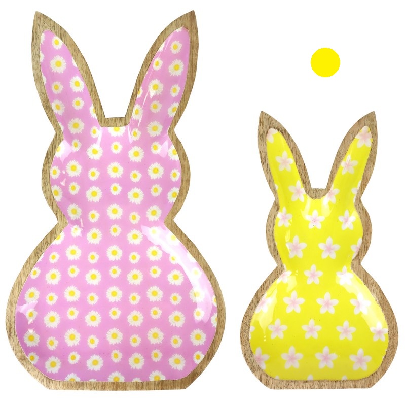 Ciotola in legno di mango a forma di coniglio con interno giallo, perfetta come decoro o regalo di Pasqua